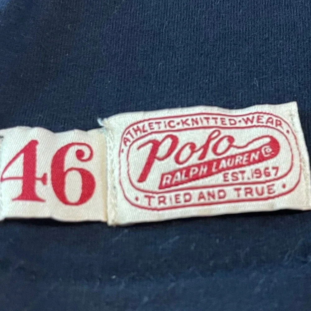 Polo Ralph Lauren Mens Medium Navy Blue Red Script Logo Ringer T-Shirt Slim Fit